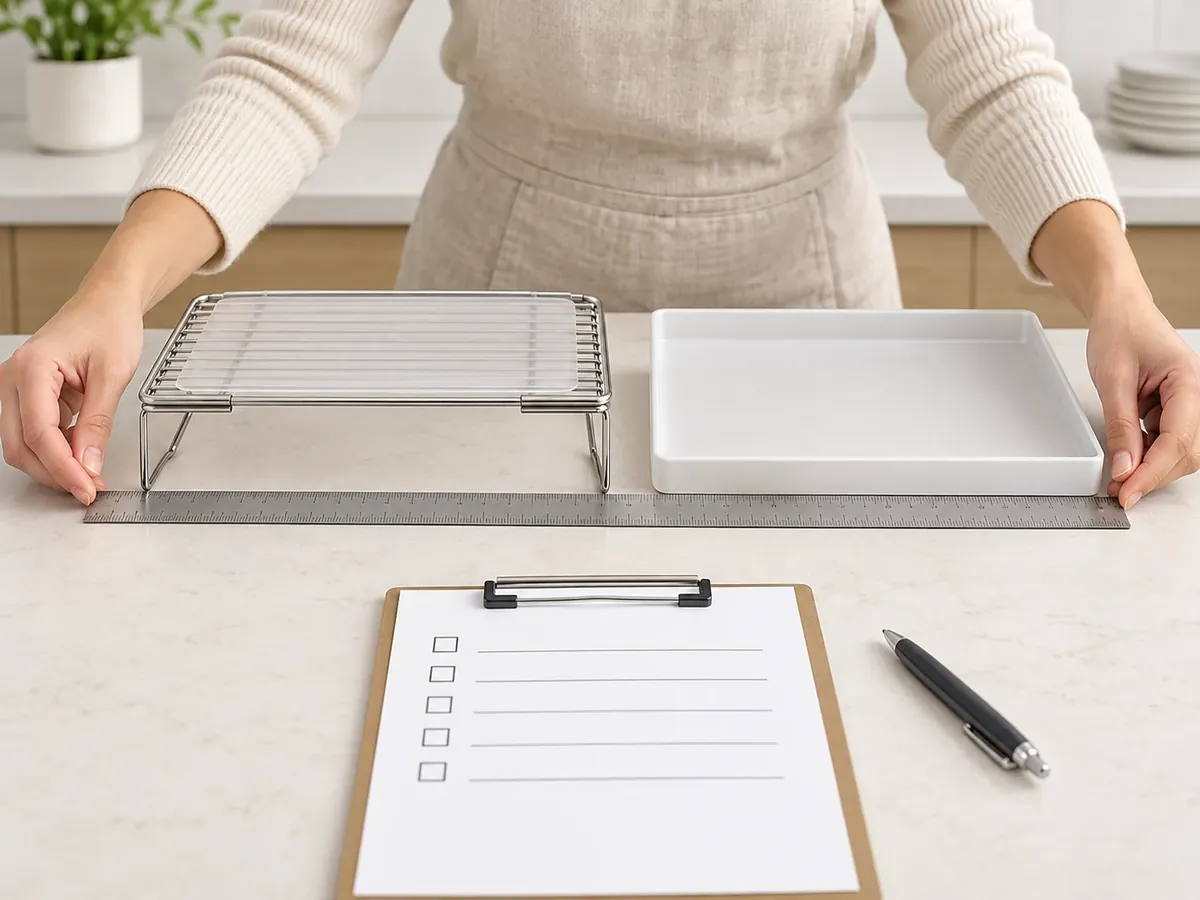 Buyer compares a flat wire-shelf liner and a separate raised-edge tray against the same shelf footprint