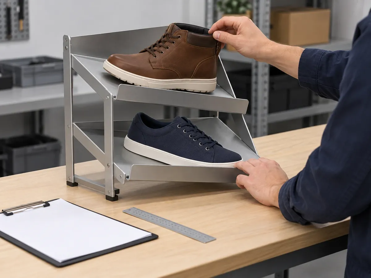 Buyer checking representative footwear on an inclined metal shoe rack with visible front retention edges