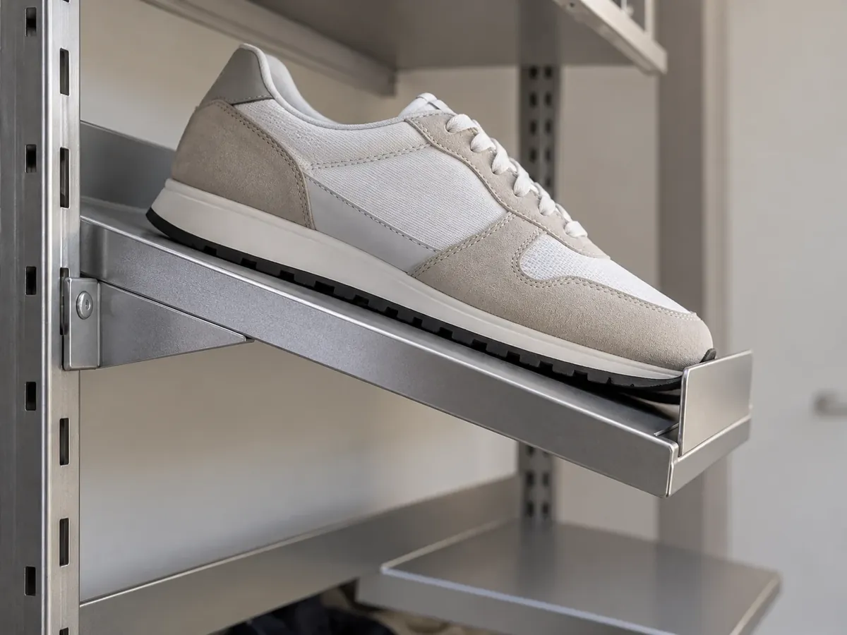 Close view of an inclined metal shoe shelf showing the front retention lip contacting a shoe sole