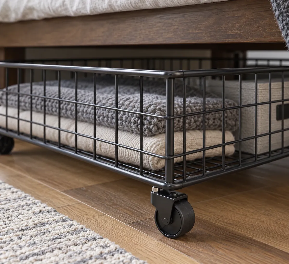 Close view of a wire under-bed basket corner showing attached caster, floor contact and top rim