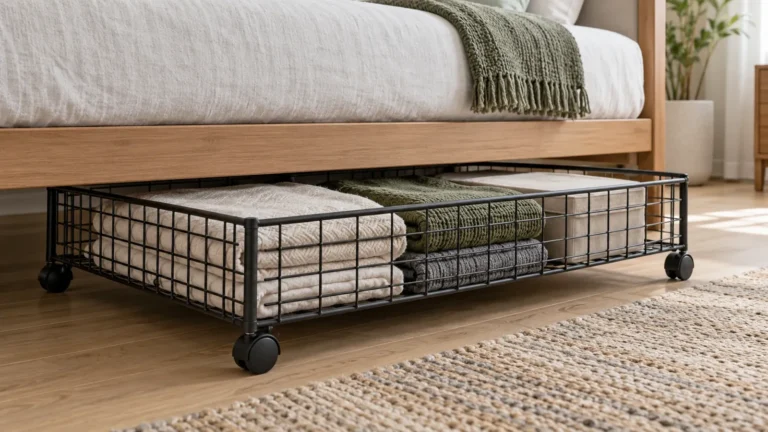 Low-profile metal wire under-bed rolling basket with four small casters shown beneath a bed frame
