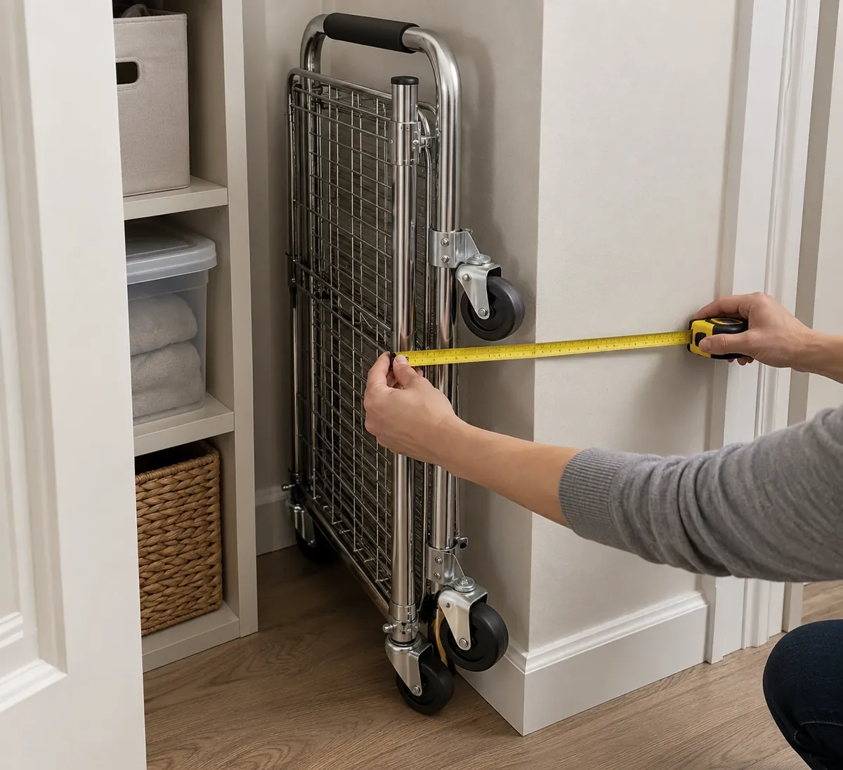 Buyer checking the maximum folded width of a metal wire utility cart near a narrow storage slot