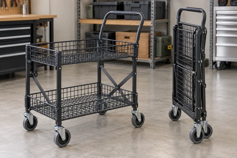 Folding two-tier metal wire utility cart with four casters shown beside its compact stowed configuration