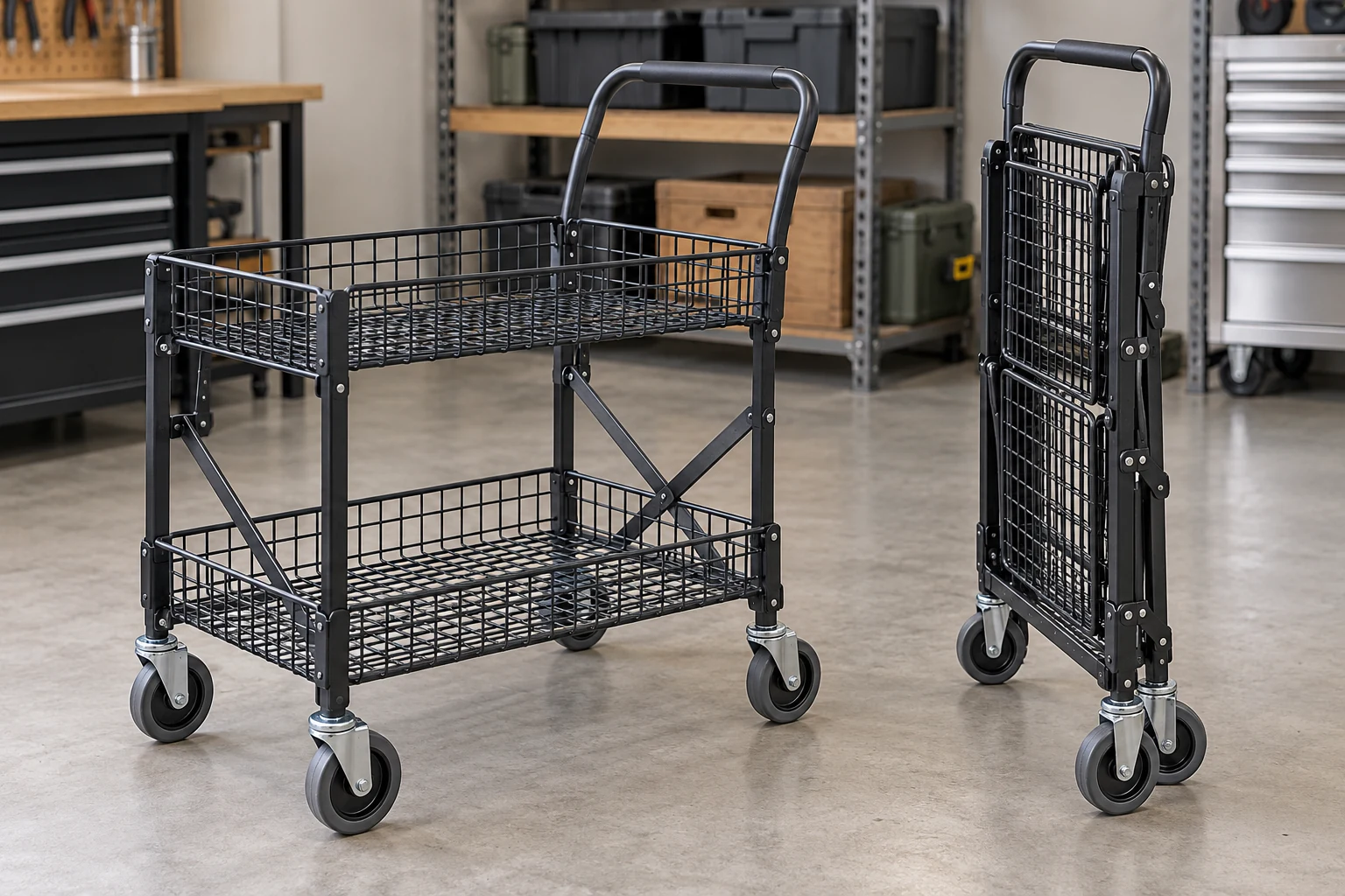 Folding two-tier metal wire utility cart with four casters shown beside its compact stowed configuration