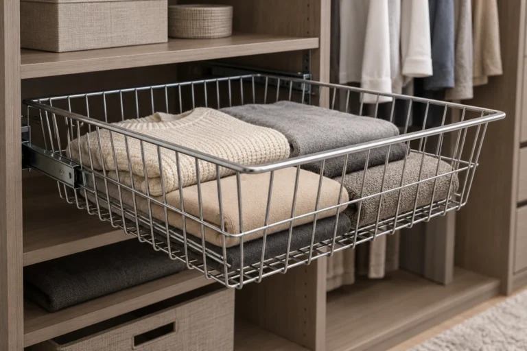Open metal wire closet basket with gently tapered sides pulled out from a wardrobe