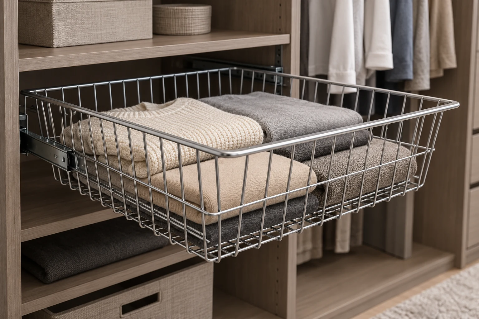 Open metal wire closet basket with gently tapered sides pulled out from a wardrobe