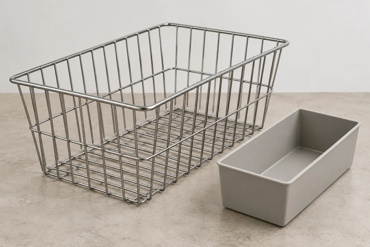 Tapered wire closet basket with top rim wider than lower usable cavity beside a separate rigid insert
