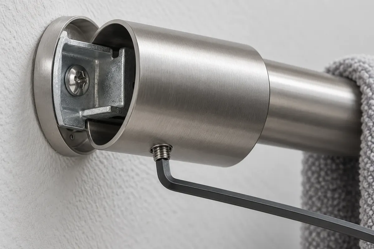 Close view of a set screw entering the underside of a towel-bar post and engaging a concealed bracket seat