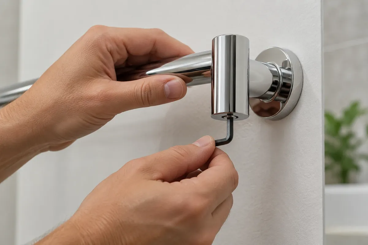 Buyer checking towel-bar post seating and access to the underside set screw on a sample bracket