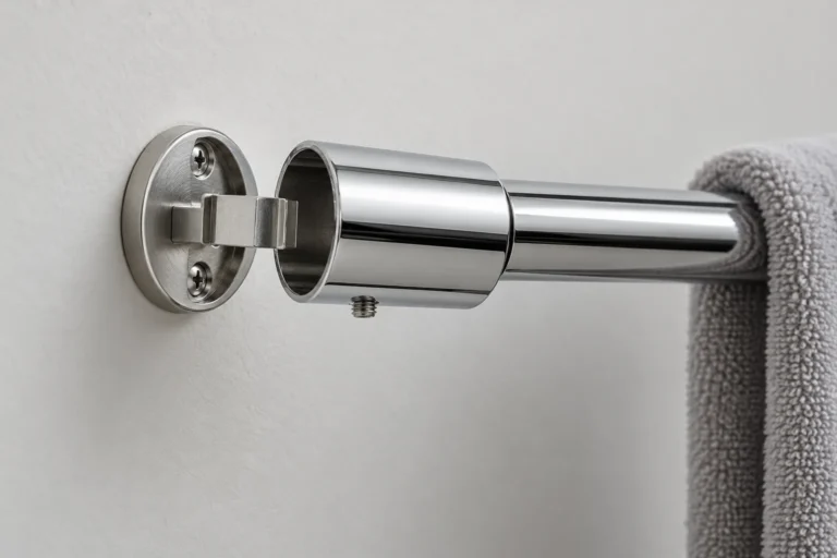 Metal towel bar post detached from wall mounting bracket to show the concealed set-screw interface