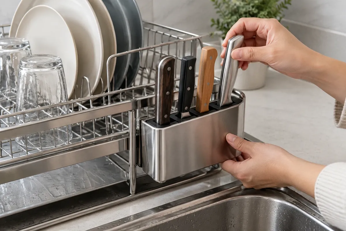 Buyer checking knife handle fit and module stability on an assembled dish rack sample