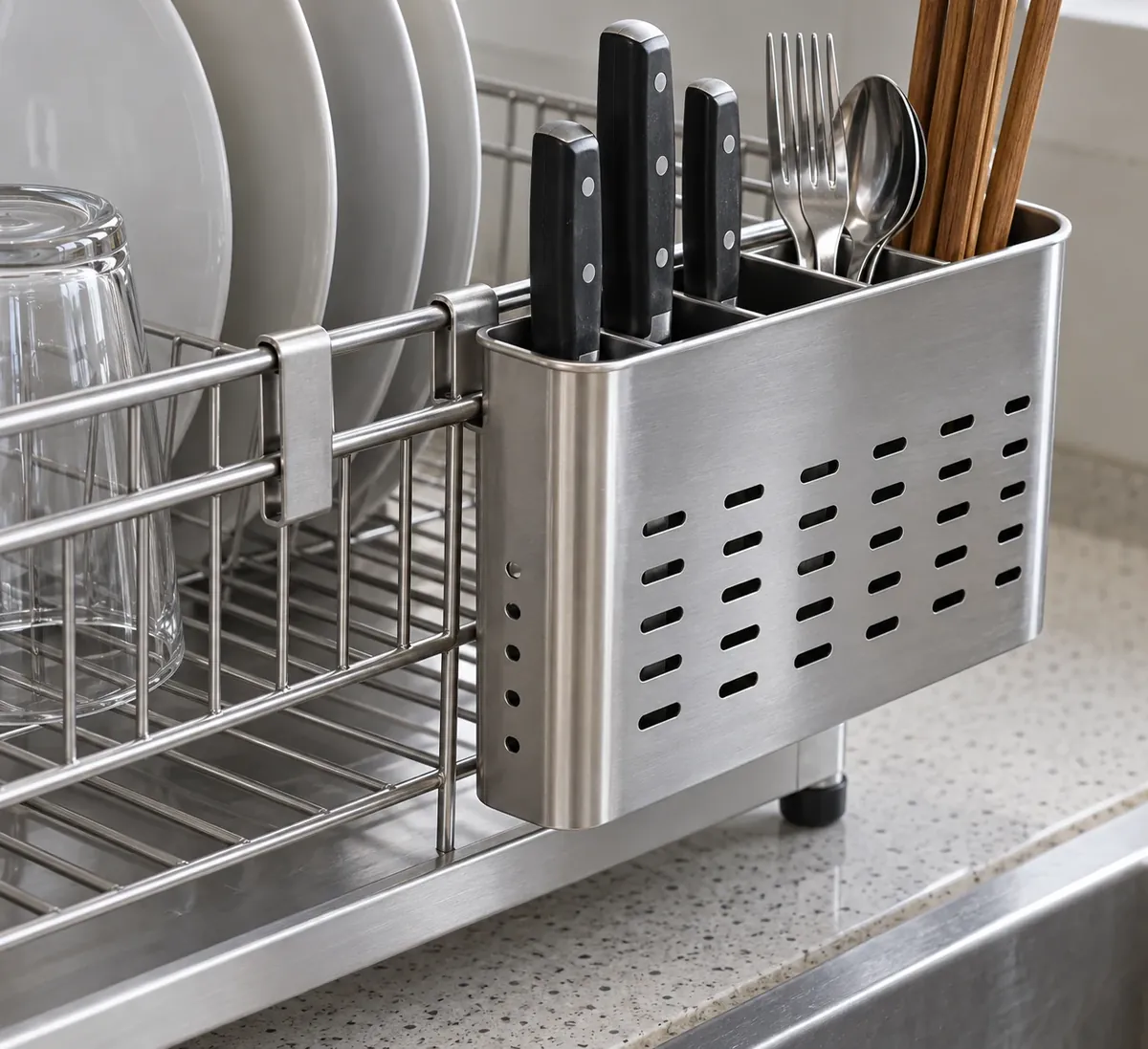 Close-up of a removable knife module clipped to the side rail of a metal wire dish rack