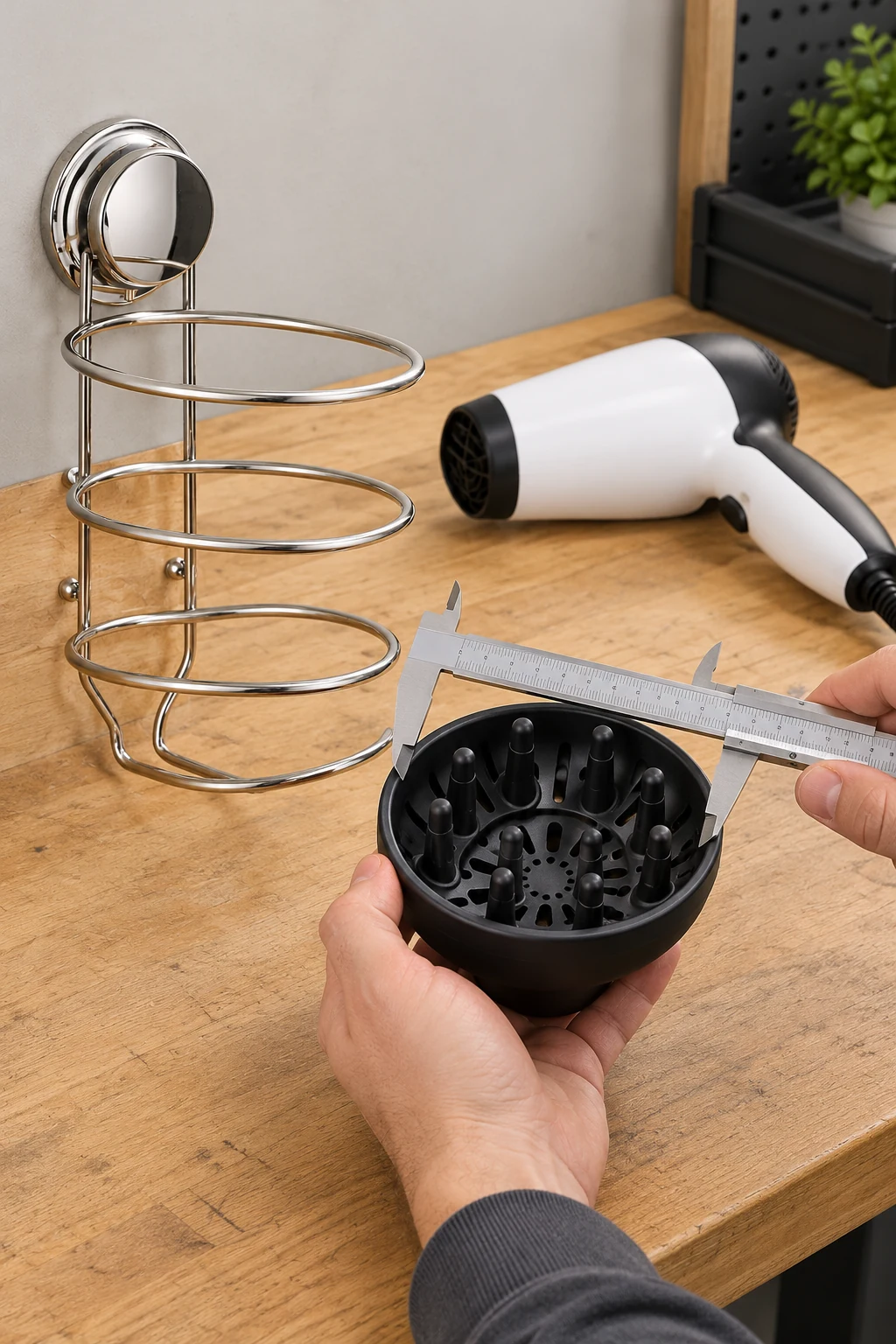 Buyer measuring a hair dryer diffuser profile and comparing it with a metal wall-holder sample