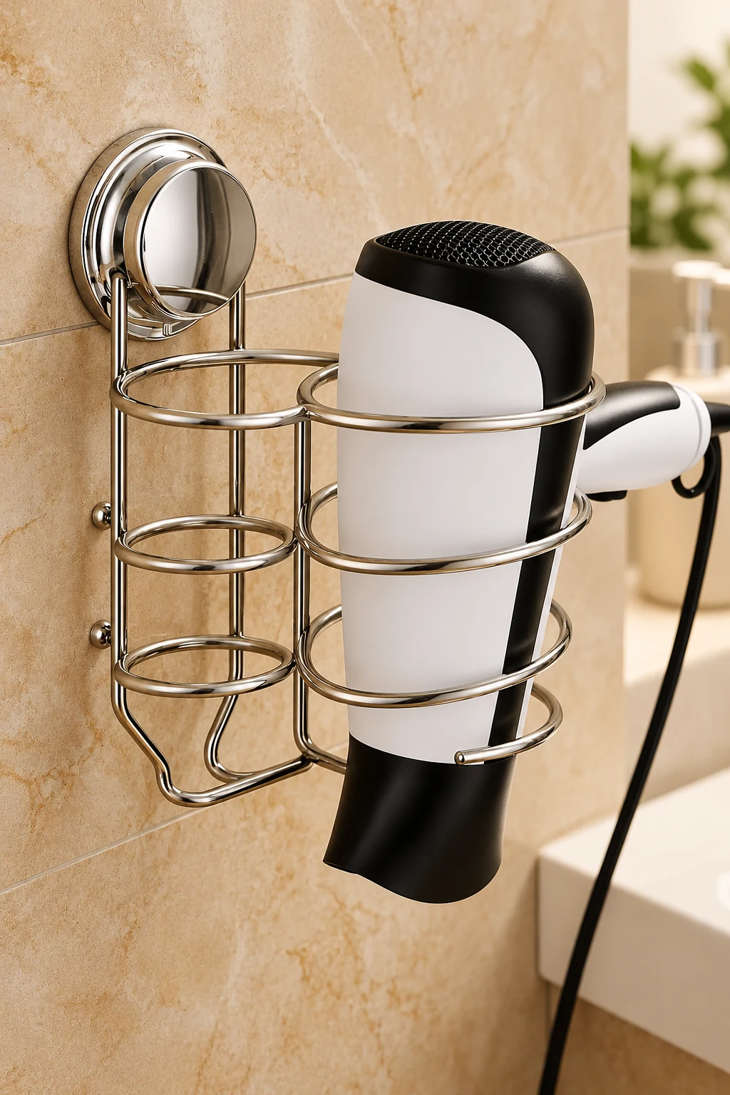 Metal wall holder ring and separate accessory position shown beside a hair dryer diffuser profile