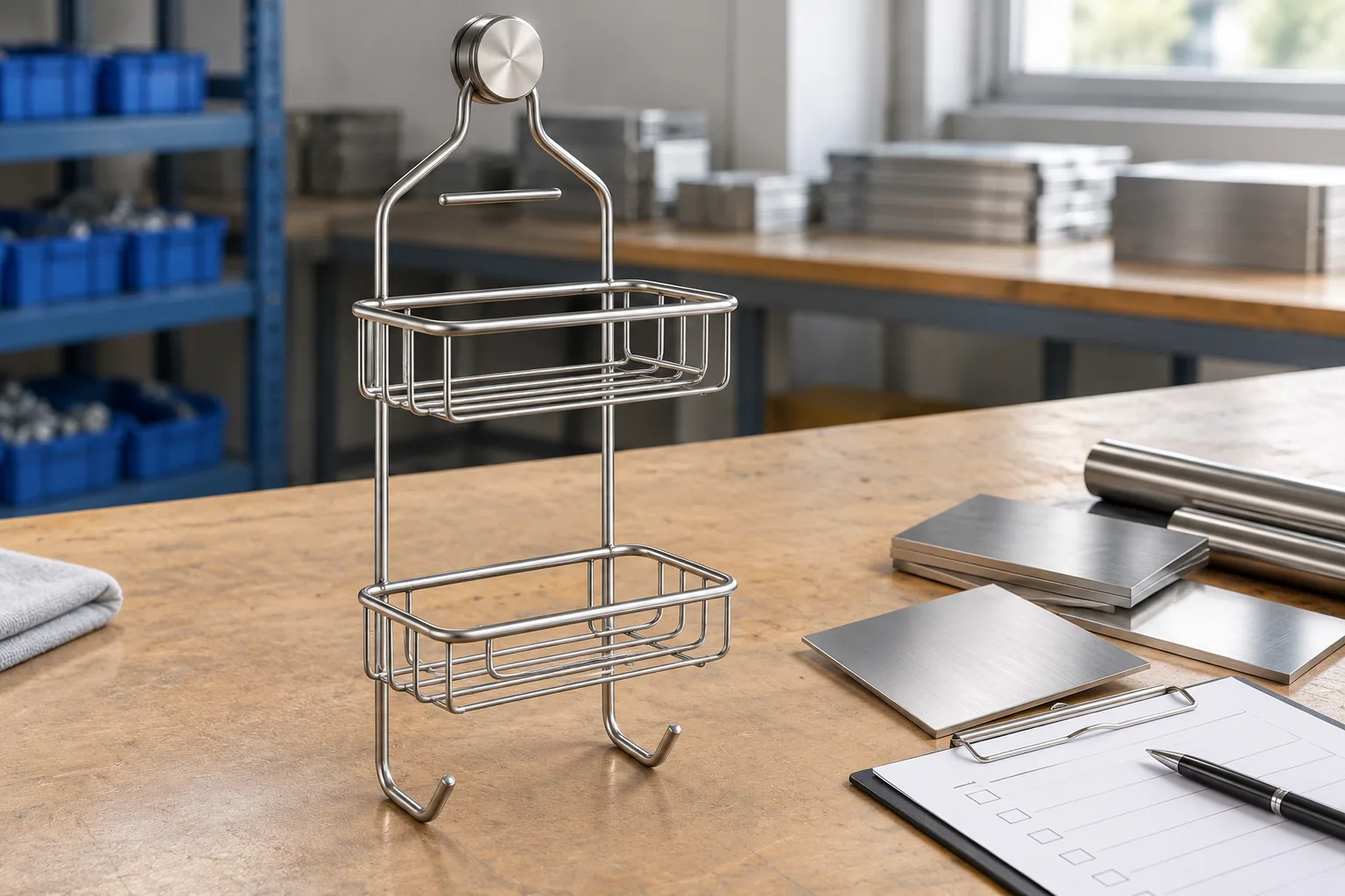 `Metal shower storage basket beside unmarked stainless samples for a buyer material-acceptance review`