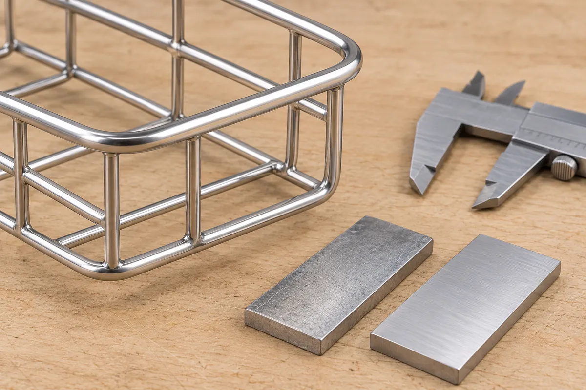 Wire basket joint and unmarked metal coupons reviewed for specification and fabrication fit