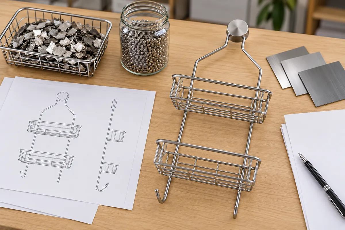 Bathroom hardware basket, dimensioned drawing and plain supplier checklist for material acceptance