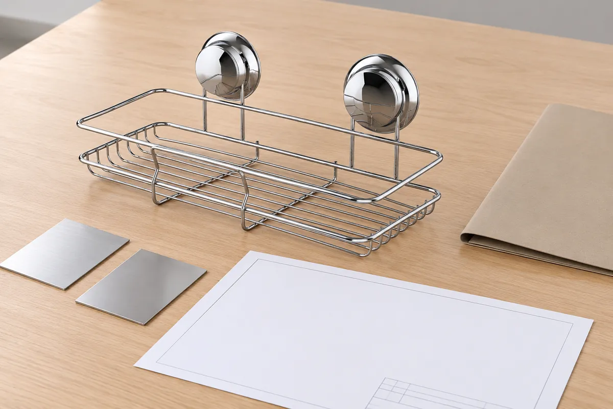 Two-mount wire basket and unmarked material samples arranged for an importer’s specification review