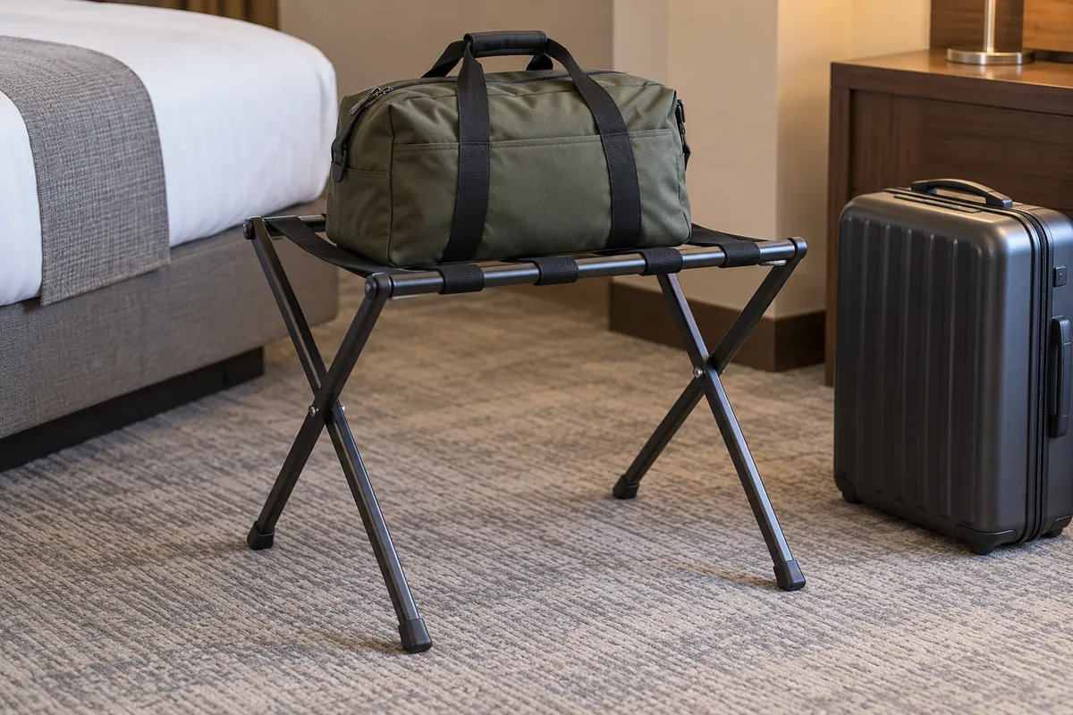 Soft travel tote and rigid suitcase base checked separately on the support straps of a folding luggage stand