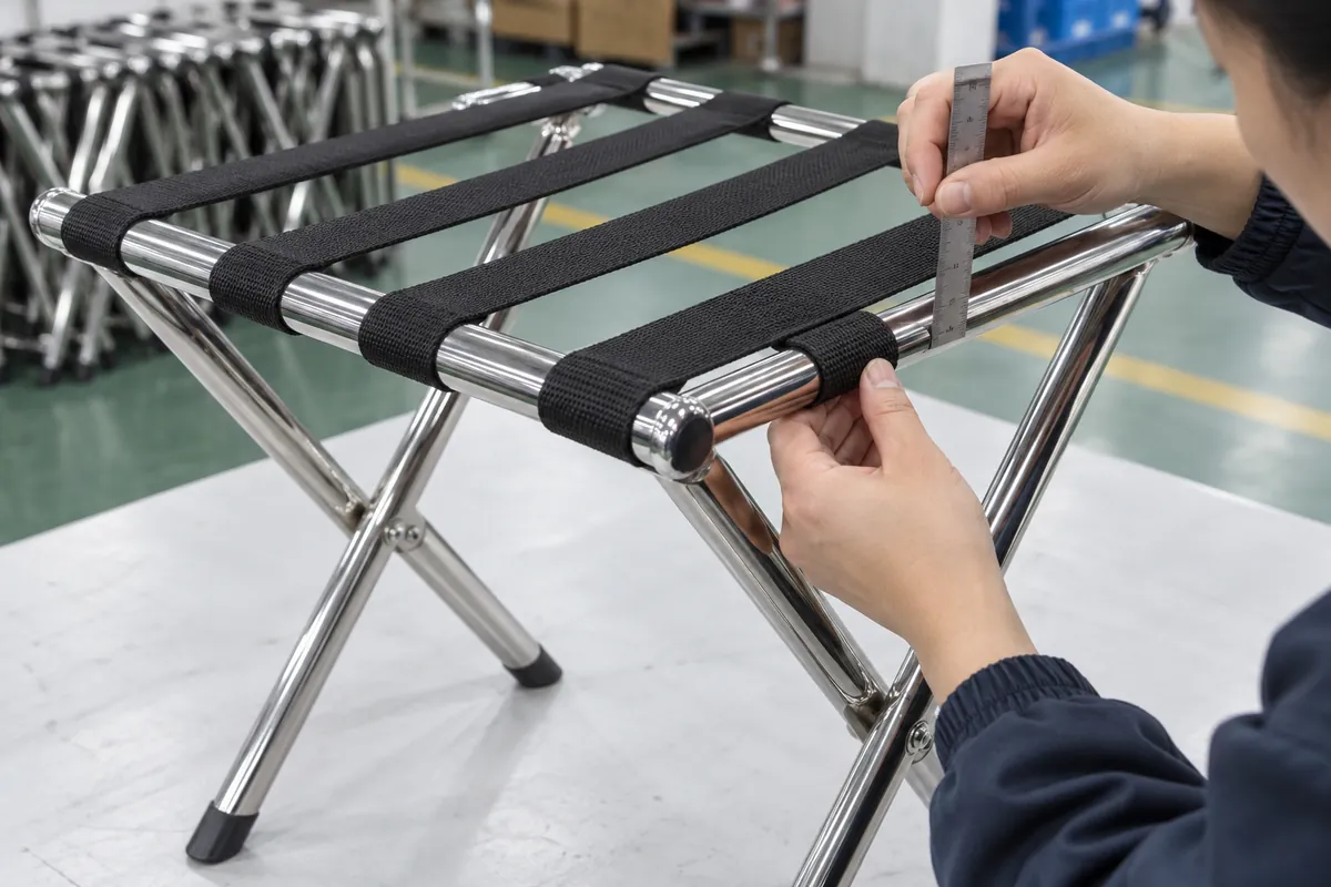 Buyer inspecting strap attachment and clear gaps on a folding metal luggage rack sample