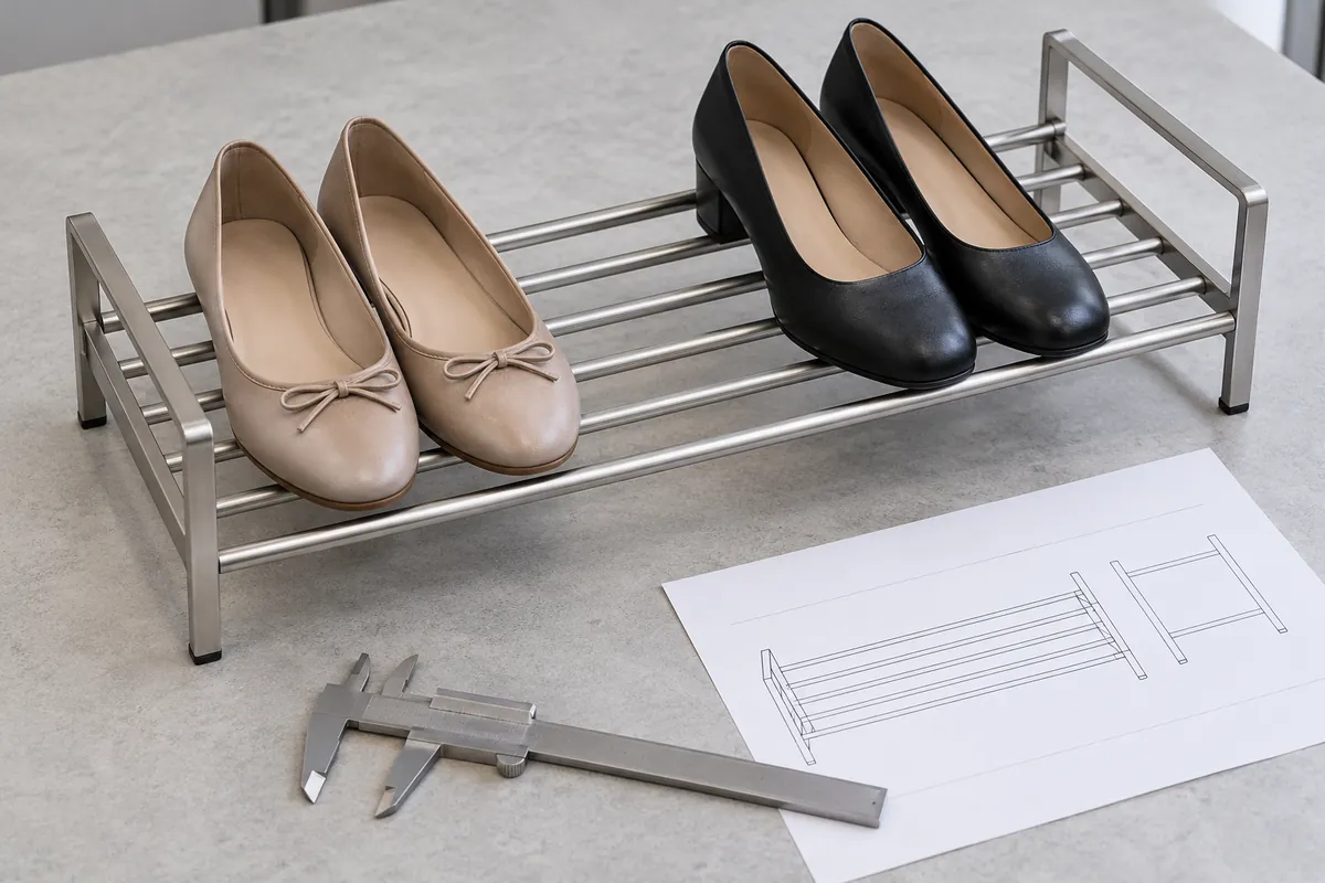 Representative flats and low heels arranged on a metal shoe-rack sample beside an unmarked drawing and caliper.