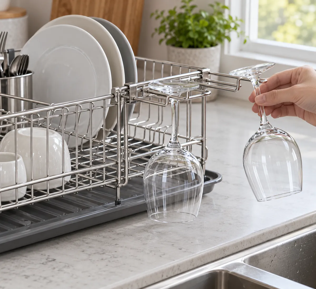 Buyer checking placement and removal clearance for inverted wine glasses in a dish-rack side holder.