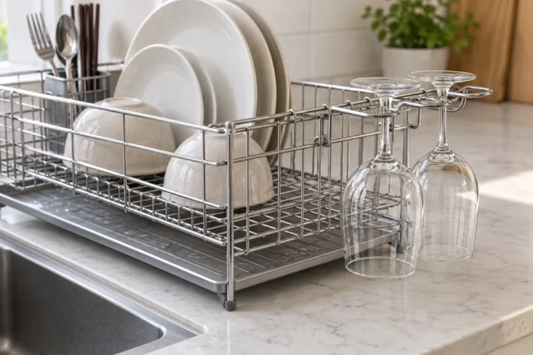 Countertop wire dish rack with two inverted wine glasses seated in a side-mounted holder above its drip tray.