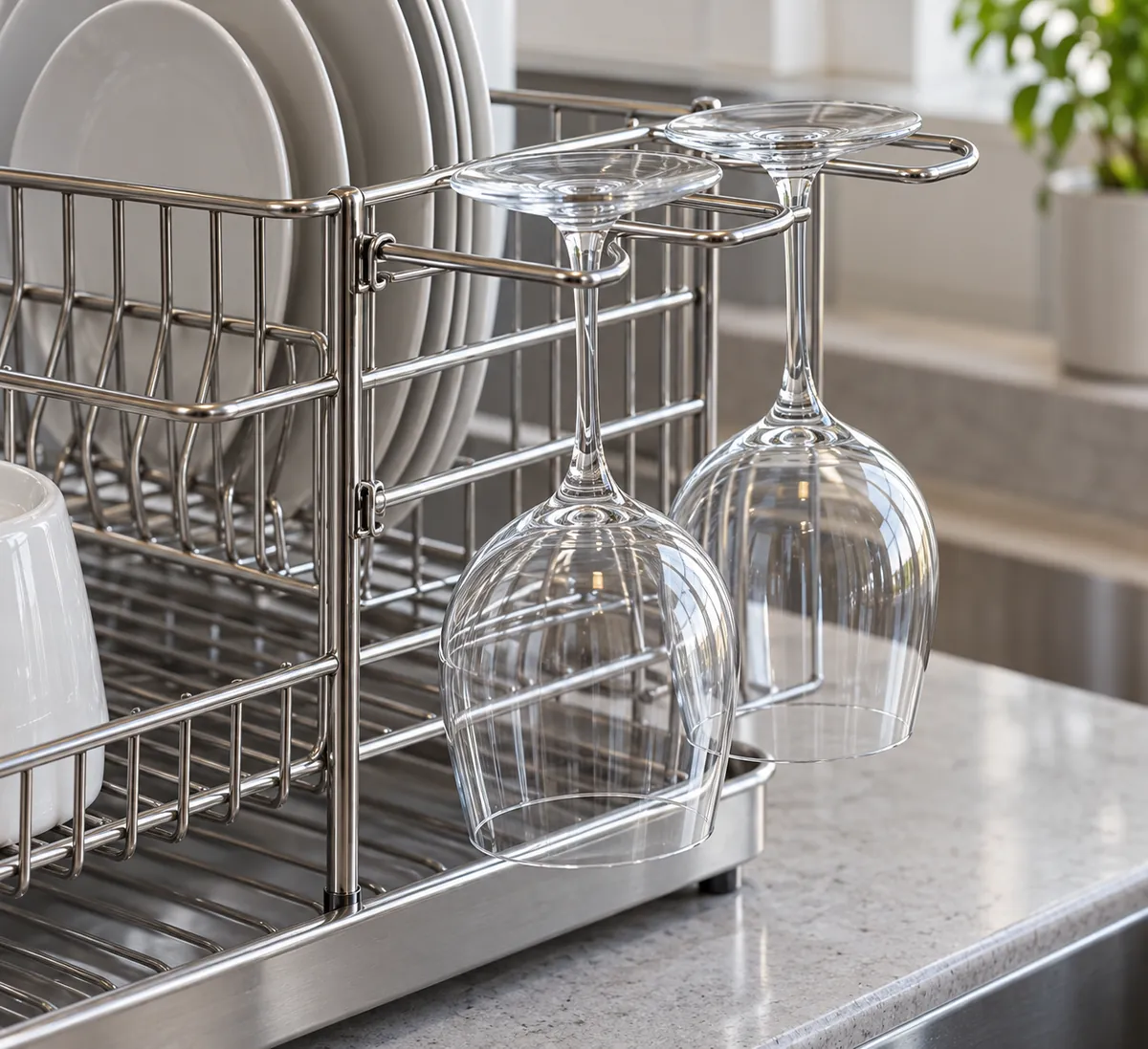 Close view of a side-mounted wire holder attached to a countertop dish-rack frame and supporting two inverted wine glasses.