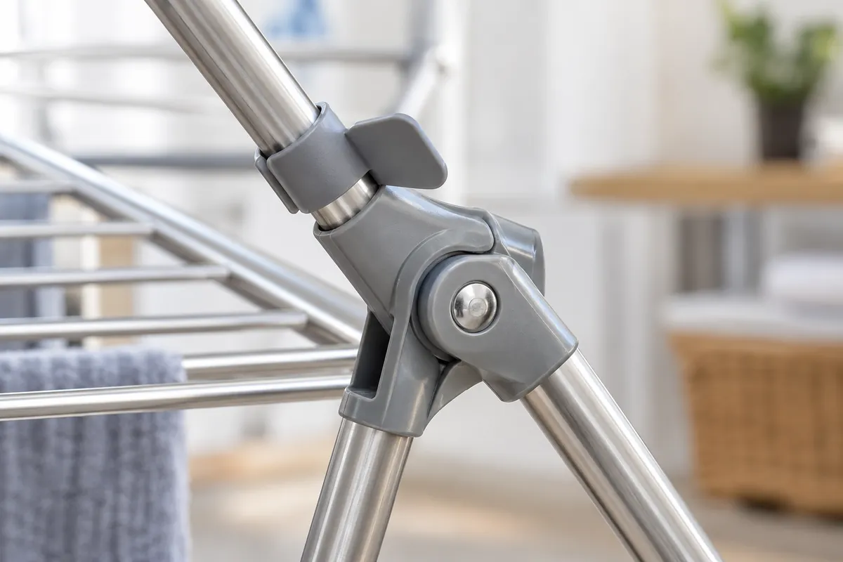 Close-up of a polymer folding-rack hinge seated around intersecting metal tubes at a defined pivot interface.