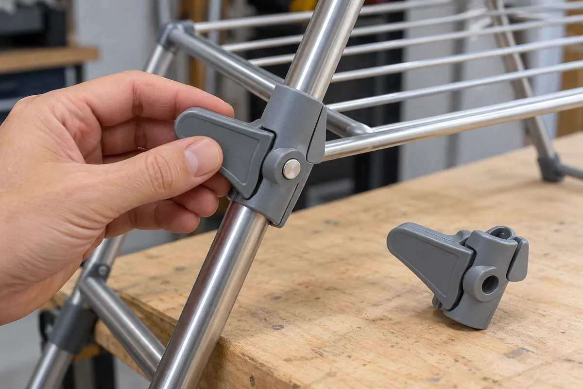 Buyer checking that a replacement polymer clip seats correctly on the metal tube interface of a drying rack sample.