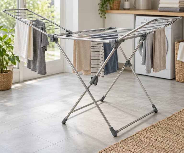 Open folding metal laundry rack with gray polymer hinge and wing-lock components joining the tubular frame.