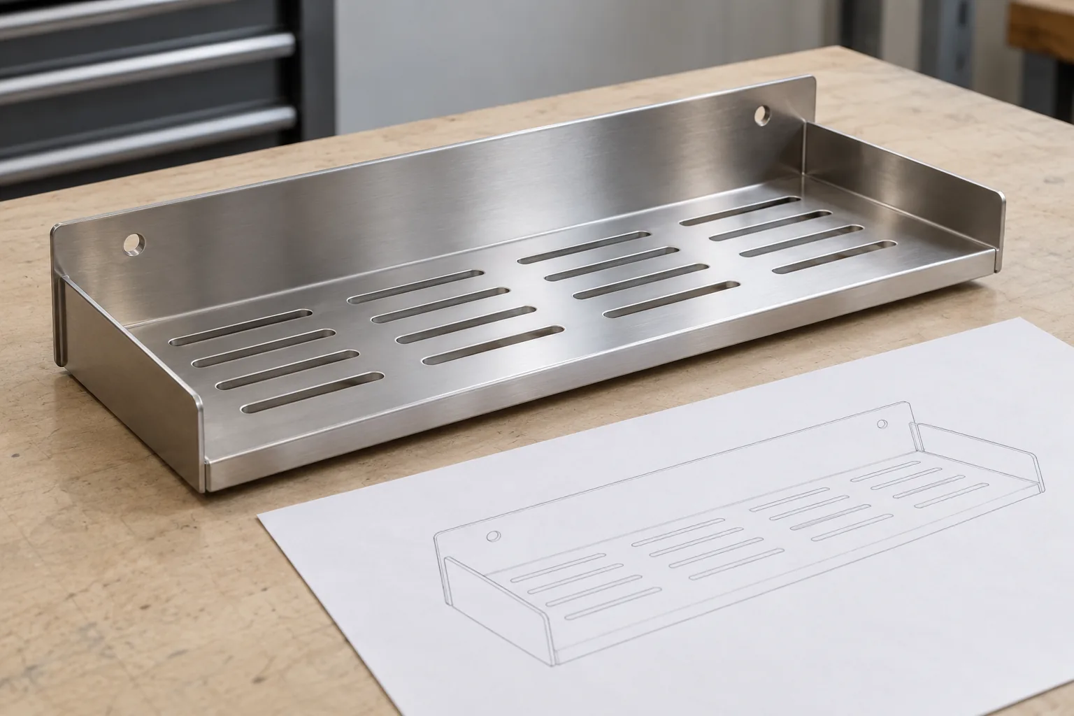Formed stainless bathroom shelf beside an unmarked outline drawing showing the same folded shape.