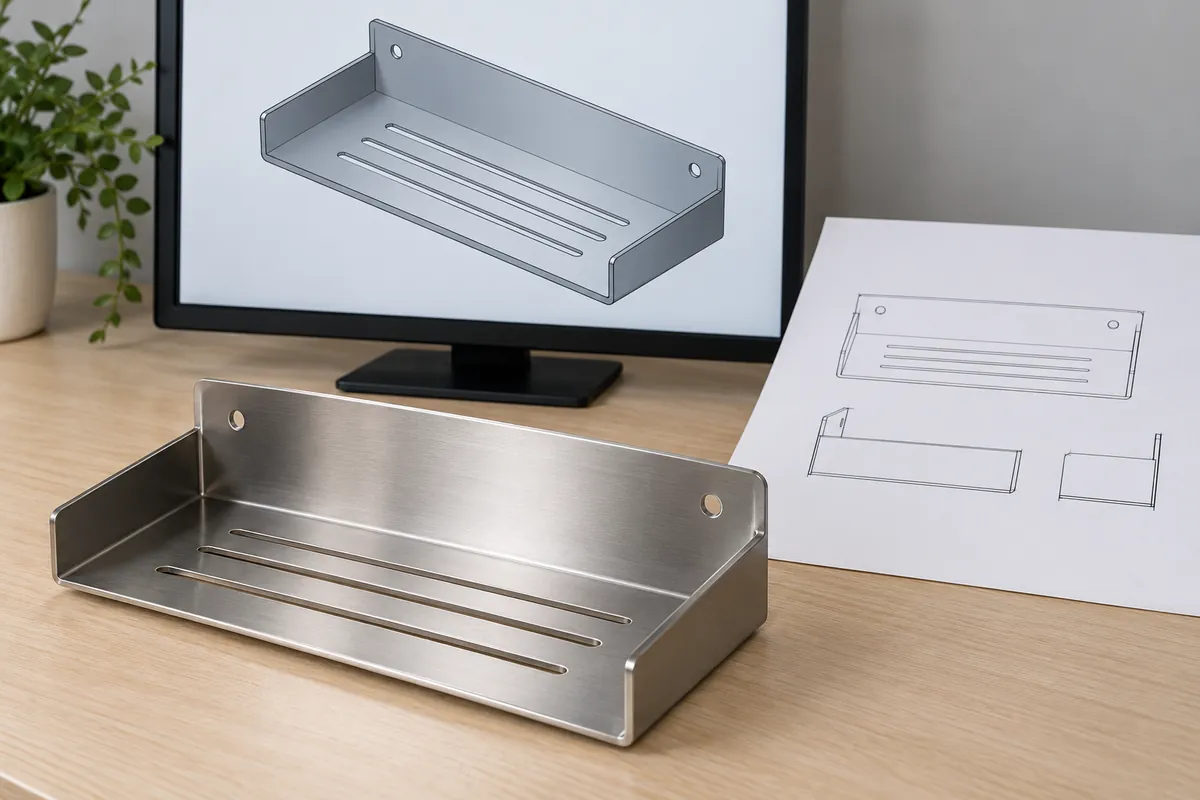 Formed stainless bathroom shelf shown with a matching unmarked 3D model and simple 2D outline.