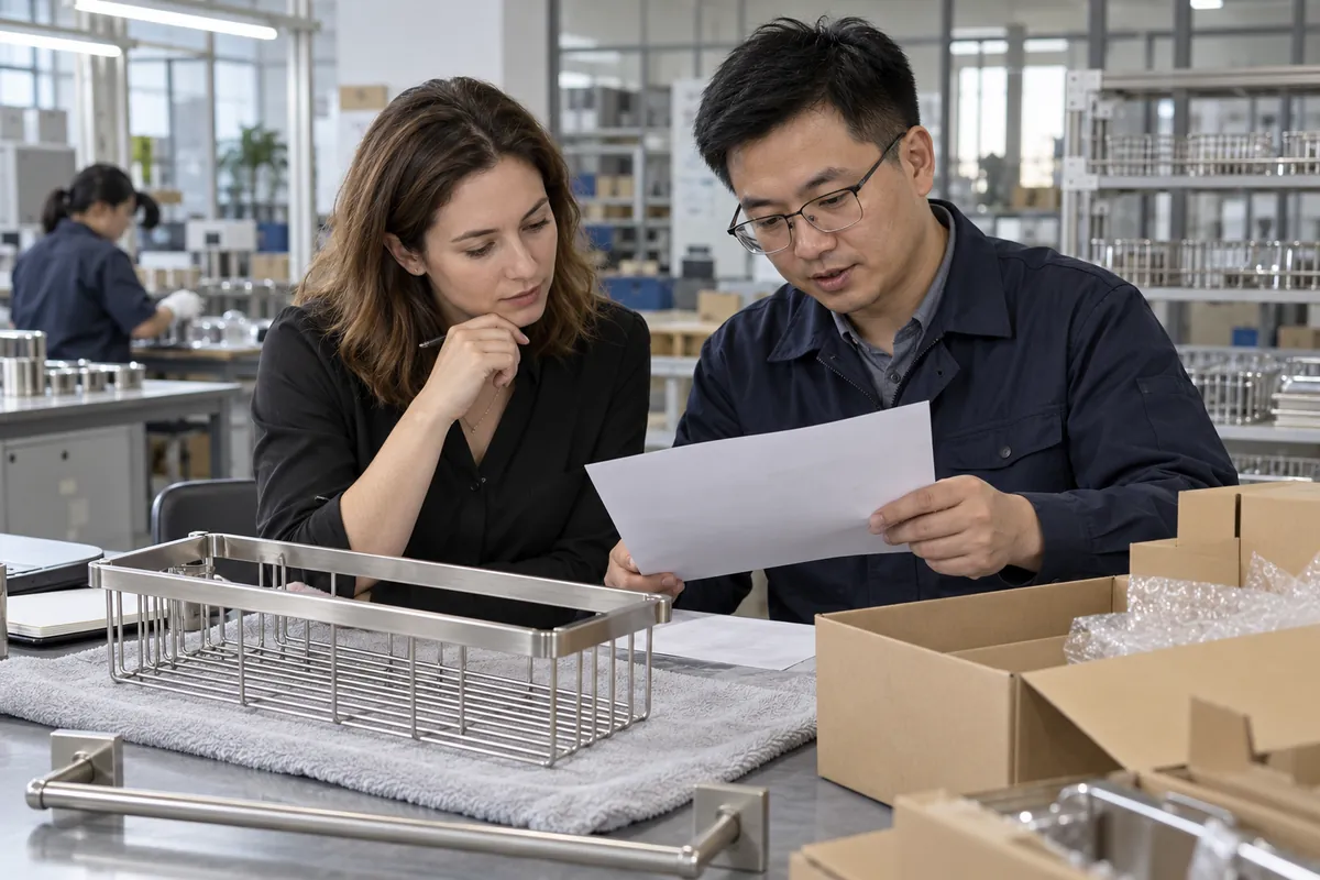 Supplier and buyer review production milestones and approved bathroom hardware samples before a seasonal factory closure