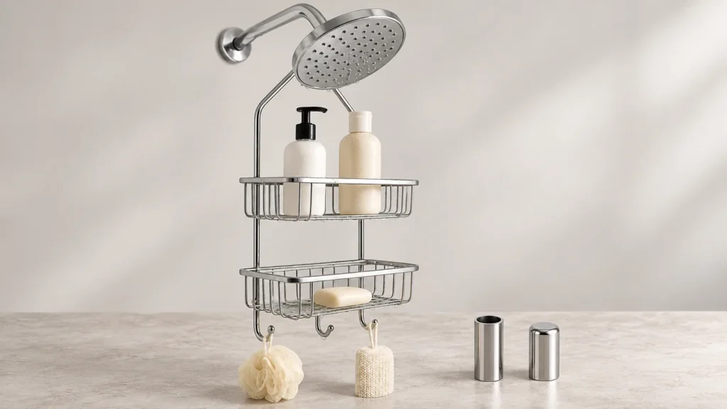 Conceptual shower caddy tube and separate capped and open tube-end samples for water-path review.