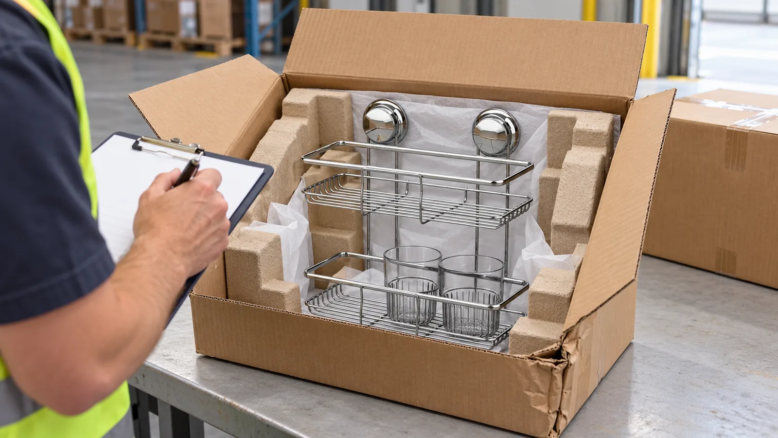 Importer documents a crushed carton corner beside a protected two-tier metal bathroom basket