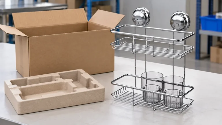 Illustrative receiving inspection of a chrome wire basket beside its protective carton