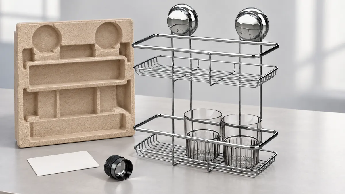 Buyer compares an approved metal basket with an illustrative arrival sample and its packaging