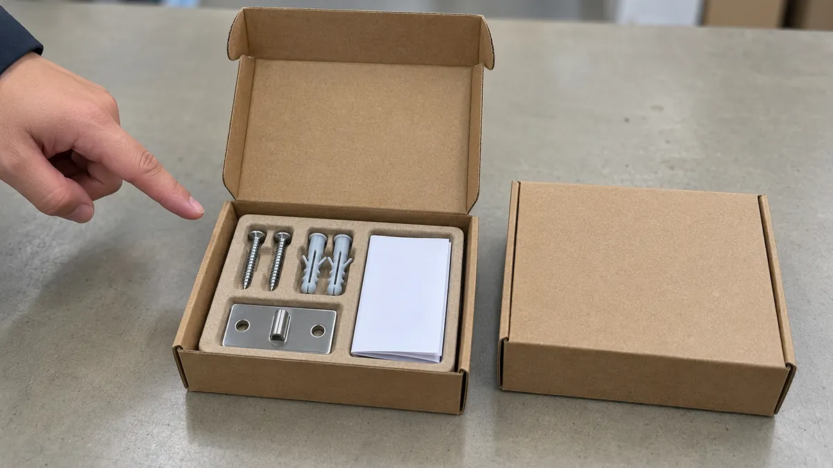 Buyer reviews the separated screw, anchor, mounting plate and instruction leaflet in an unbranded retail carton before approving the pack layout