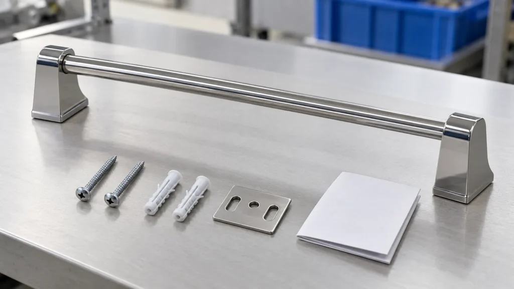 Generic wall-mounted towel bar installation kit with matched screws, anchors, brackets and instructions arranged for pack-out inspection