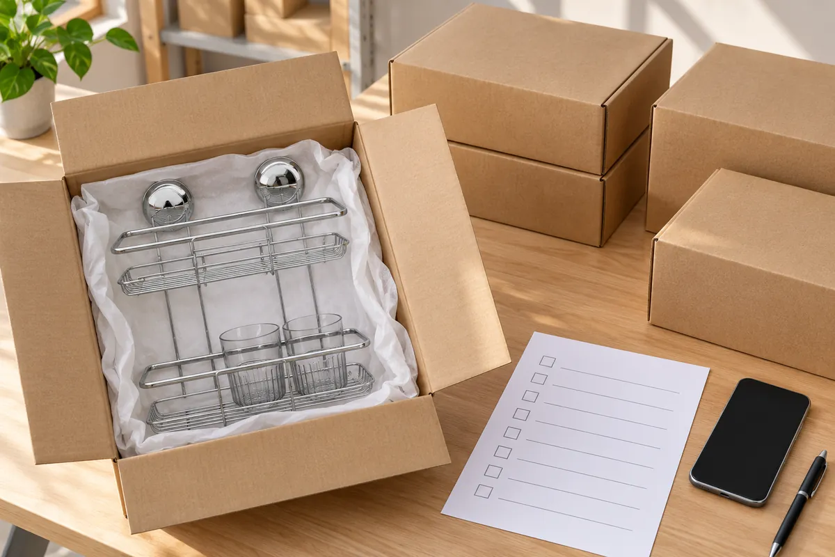 Blank buyer checklist beside mixed-SKU cartons and a protected metal basket sample