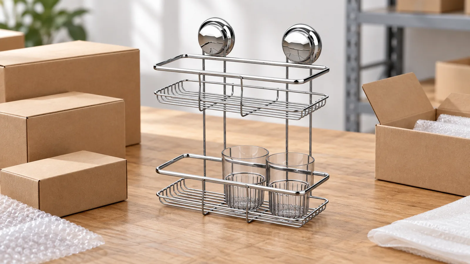 Two-tier wire shower basket sample beside grouped cartons during mixed-SKU loading preparation