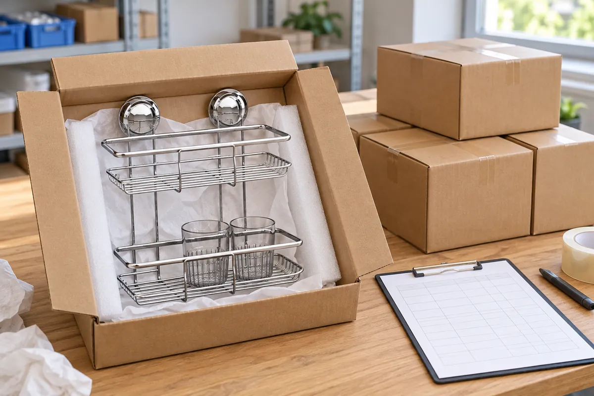Protected wire shower basket sample and grouped cartons on a loading tally table