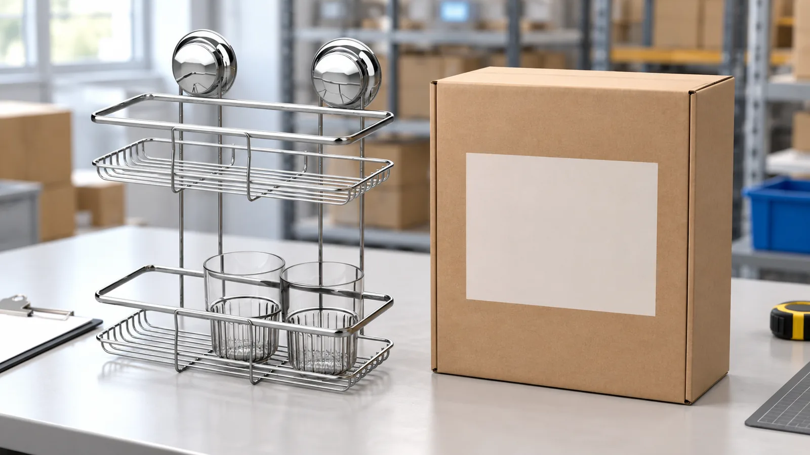 Two-tier chrome suction rack beside a plain retail carton during an illustrative importer packaging review