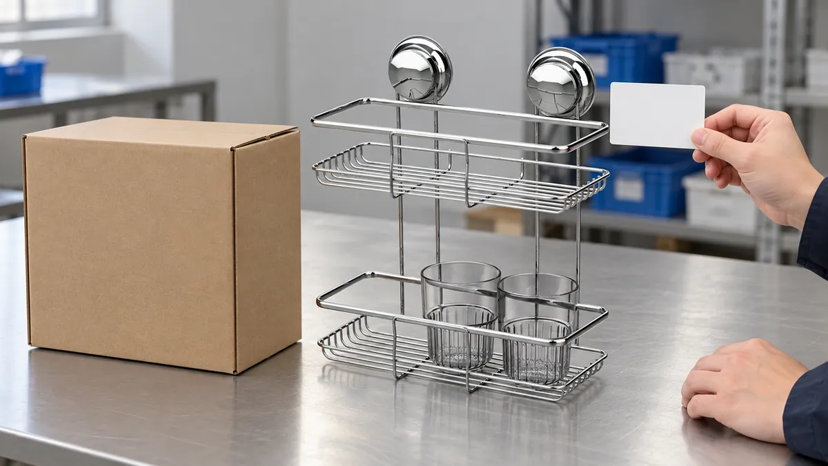 Two-tier chrome suction rack and plain retail carton arranged separately for an importer origin-marking review