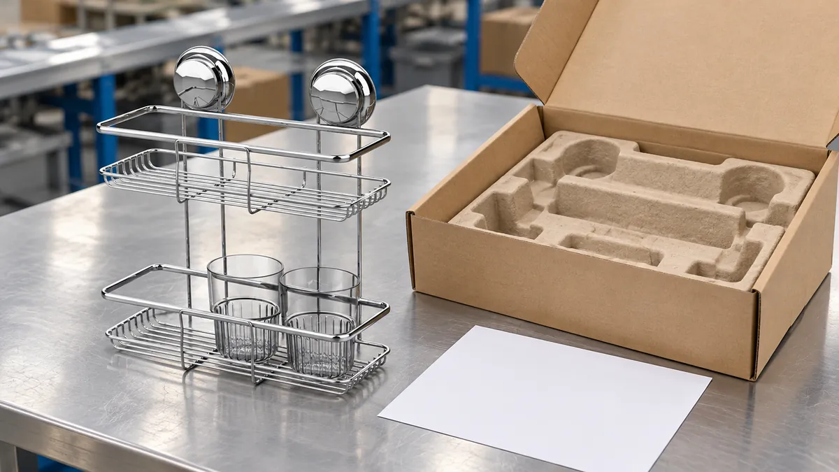 Open outer carton and two-tier chrome suction rack arranged for a buyer pack-out record review