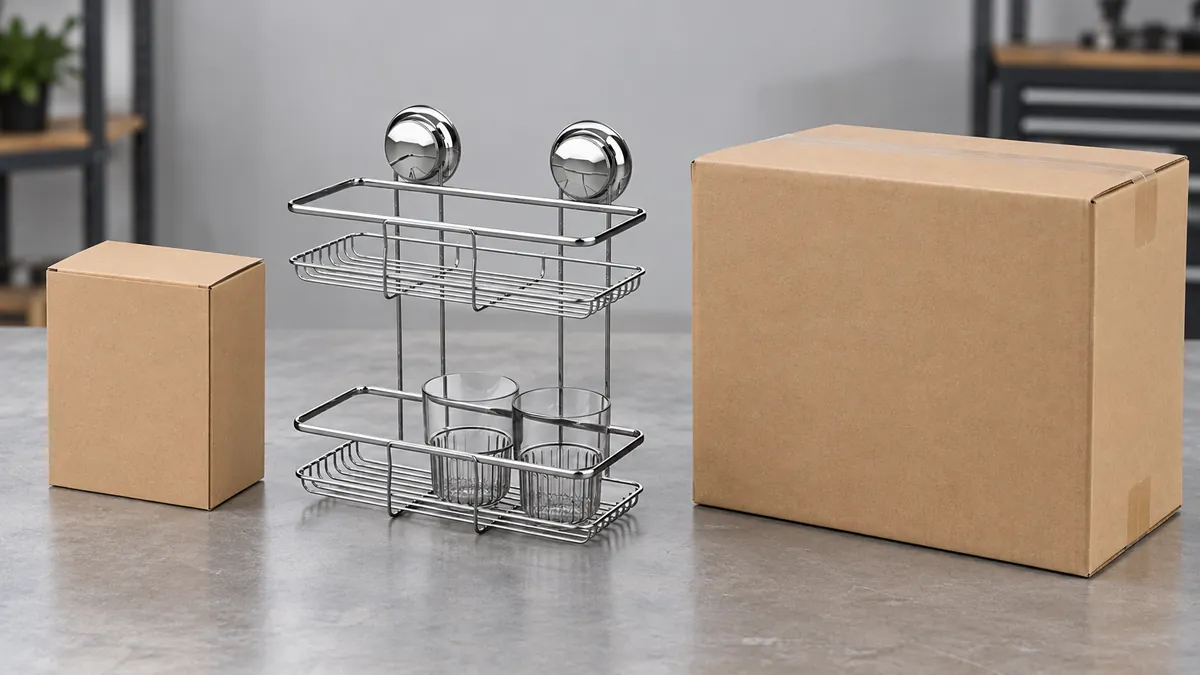 Chrome two-tier suction rack and plain carton on a table during a packaging-level comparison