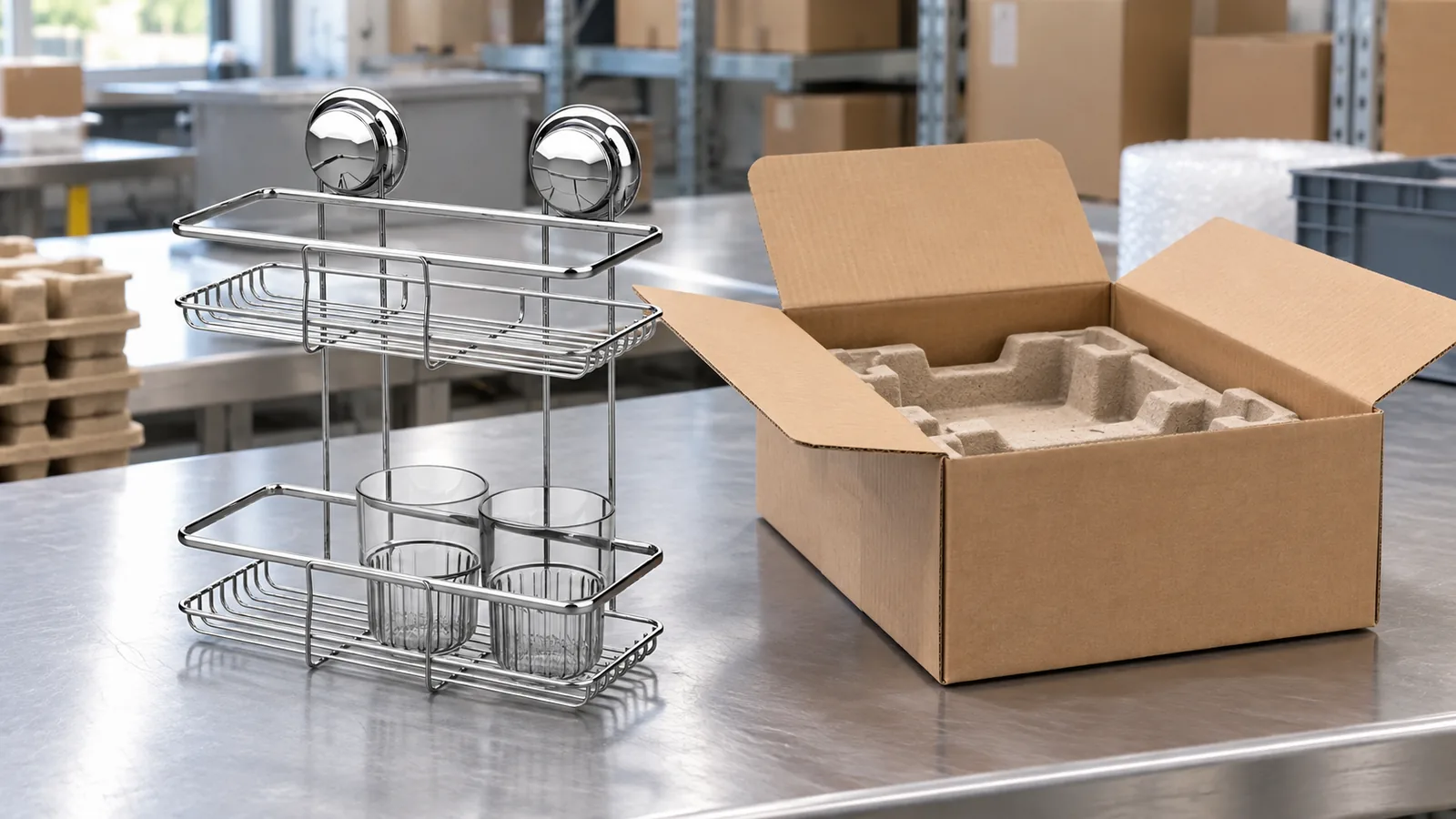 Two-tier chrome suction rack beside a plain outer carton during an illustrative packaging review