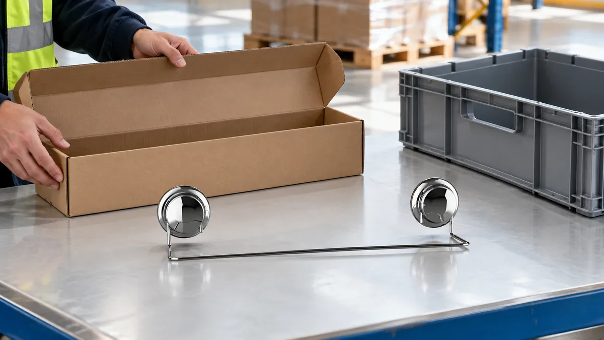 Two-suction-cup chrome towel bar beside a plain carton and reusable crate during a buyer logistics review