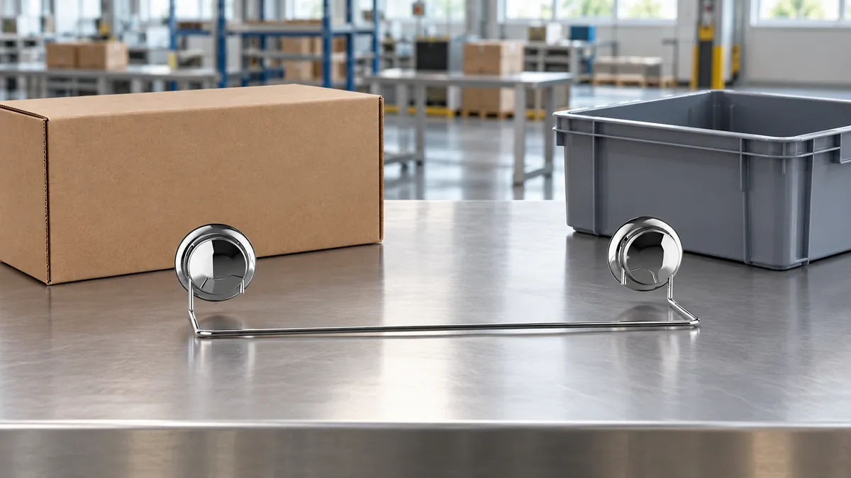 Two-suction-cup chrome towel bar arranged between a plain corrugated carton and an unbranded reusable crate